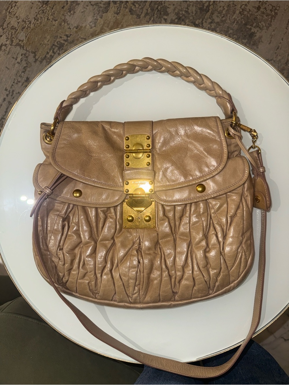 Miu Miu Taupe Ruché Leather Shoulder Bag with Braided Handle